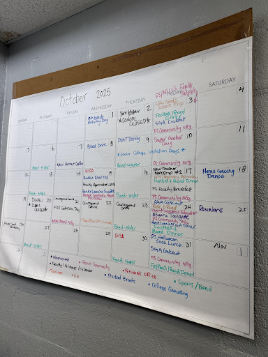 On Nov. 13, 2025, in the dining staff offices, a calendar sets out the monthly lunch and event planning. Photo credits June Harsh '27
