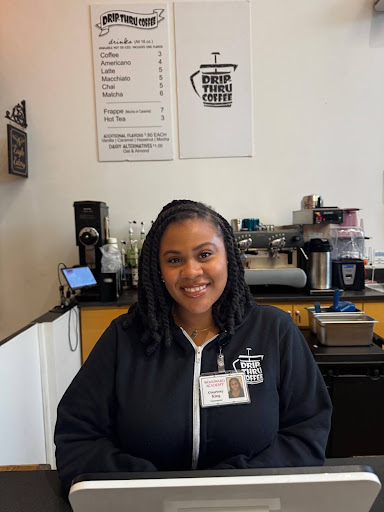 Courtney King on the early morning of March 19, 2026 tending to her job as a barista at the coffee bar, DripThru at Woodward. Photo Credit Joy Ferguson ‘29
