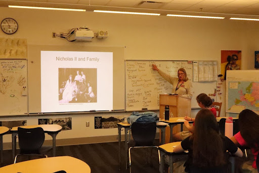 Mrs. Wyatt teaches E-Period Modern World History Class on the Russian Revolution. Mrs. Wyatt must balance between working at Woodward and working at the University of North Georgia. Photo credit Brooke Tharp '28
